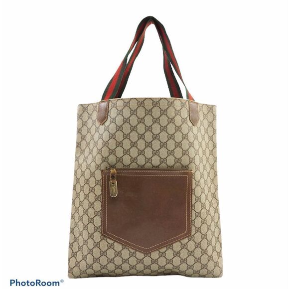 Gucci Vintage Monogram GG Shery Line Coated Brown Tan Strap Striped Bag Tote - Picture 1 of 12